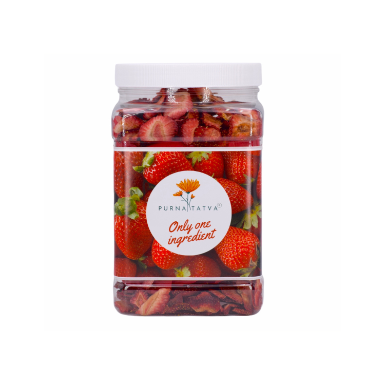 Purna Tatva Dehydrated strawberries, strawberry powder, strawberry jerky, dehydrated berries, dried fruit, dehydrated fruit, freeze-dried strawberries, strawberry snacks, strawberry chips, strawberry slices, strawberry crumbles.